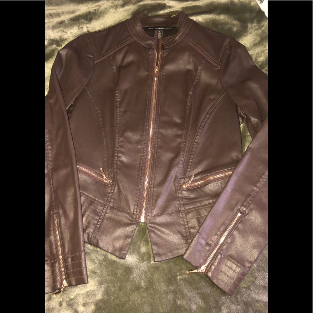 EUC White House Black Market brown “coated” washable moto jacket size 6